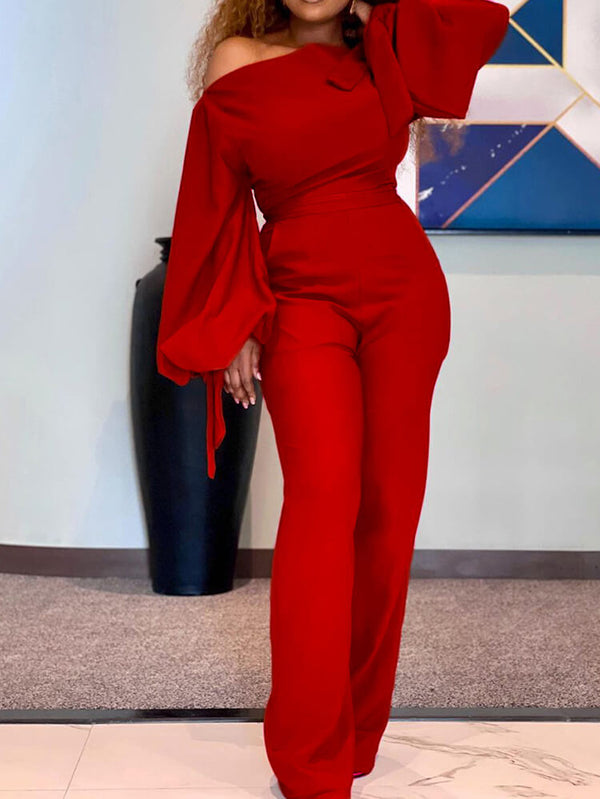 Long Sleeves One Shoulder Tie Up Jumpsuits