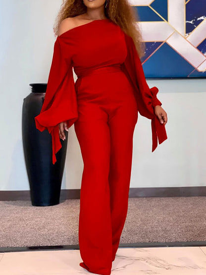 Long Sleeves One Shoulder Tie Up Jumpsuit