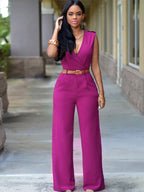Sleevelesss V Neck Solid Wide Leg Jumpsuit