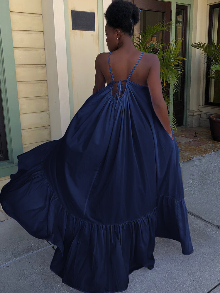 Vestidos largos con vuelo en la playa con volantes y tirantes finos de talla grande