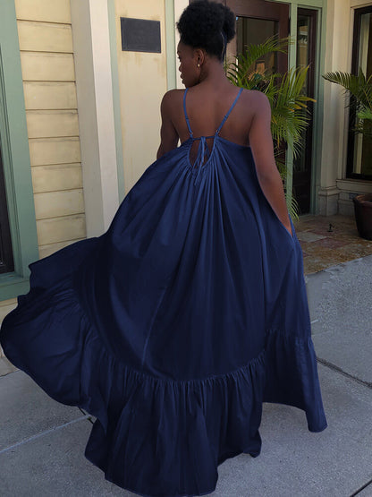 Vestidos largos con vuelo en la playa con volantes y tirantes finos de talla grande