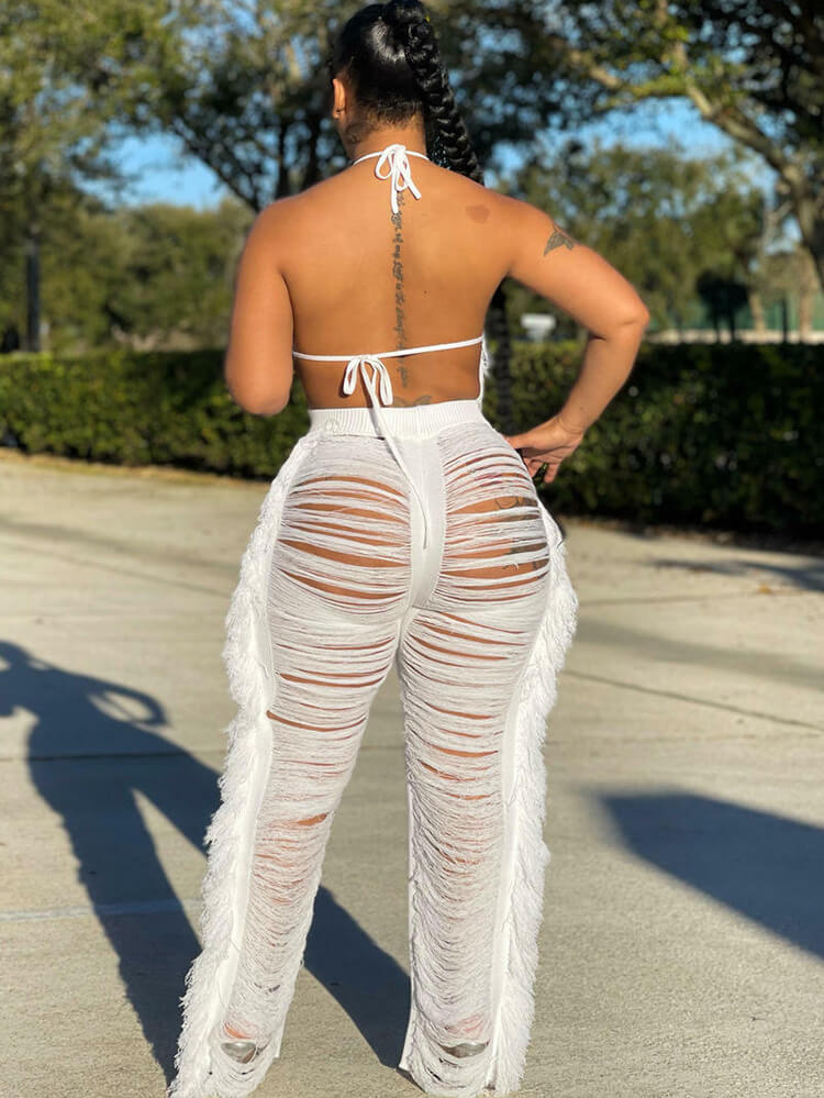 Tops con borlas halter de dos piezas y pantalones ajustados