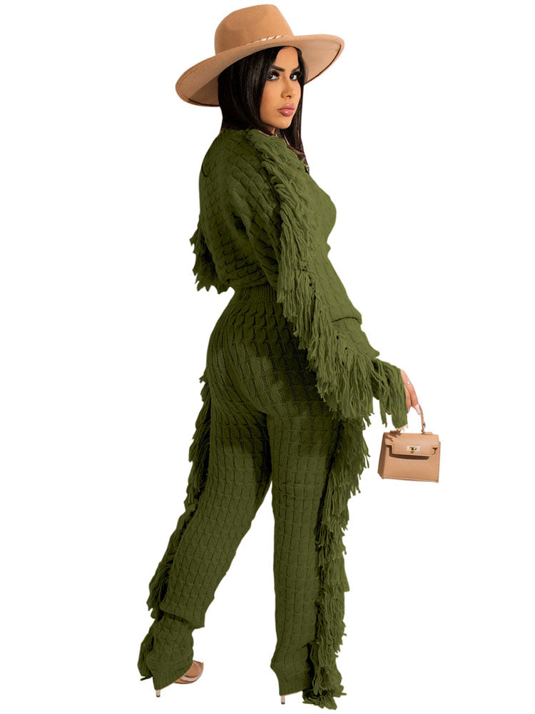 Two Piece Knitted Long Sleeve Tassel Outfits