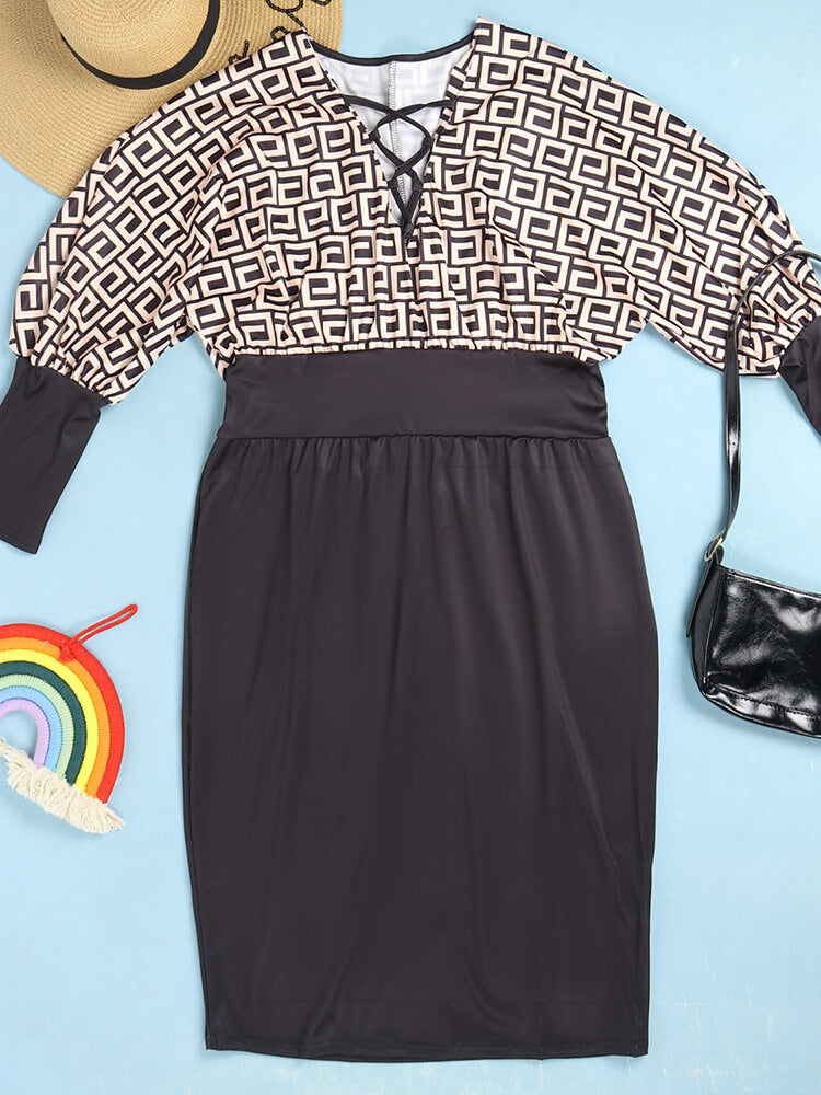 Long Lantern Sleeve Printed Midi Dress