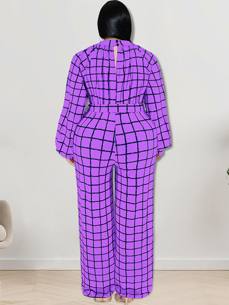 Long Sleeve Plaid Print Wide Leg Jumpsuit