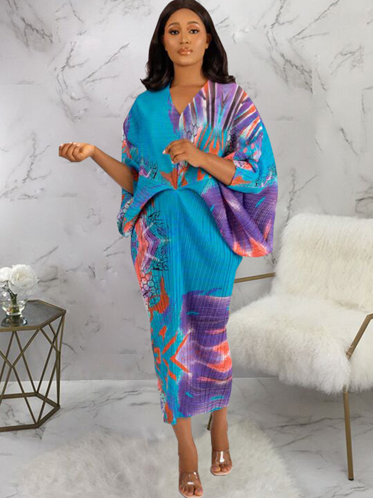 Bat Sleeve Floral Print Midi Dress