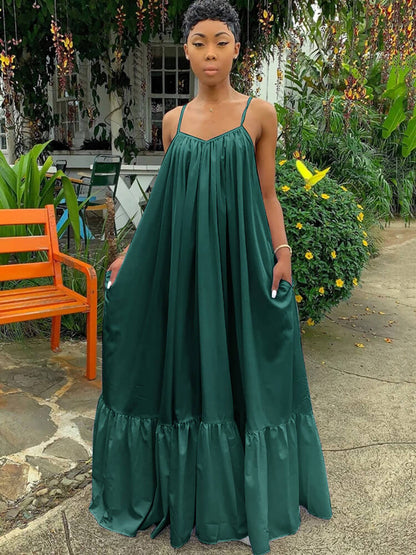 Vestidos largos con vuelo en la playa con volantes y tirantes finos de talla grande