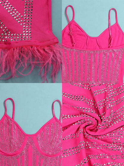 Minivestidos con tirantes finos y plumas de diamantes de imitación