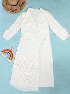 Long Sleeve V Neck Ruched Split Top
