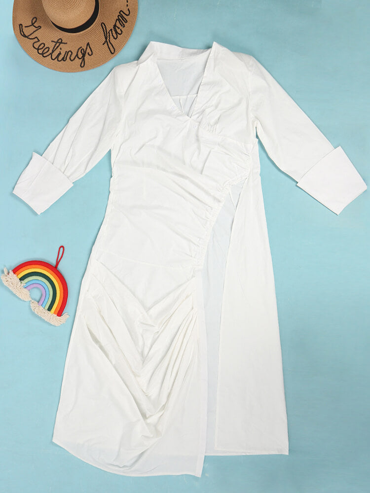 Tops divididos fruncidos con cuello en V de manga larga