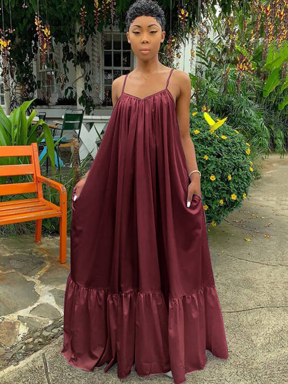 Vestidos largos con vuelo en la playa con volantes y tirantes finos de talla grande