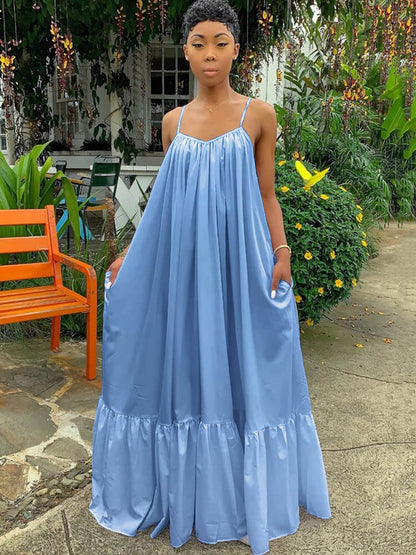 Vestidos largos con vuelo en la playa con volantes y tirantes finos de talla grande