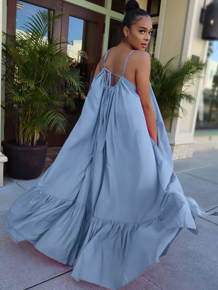 Vestidos largos con vuelo en la playa con volantes y tirantes finos de talla grande