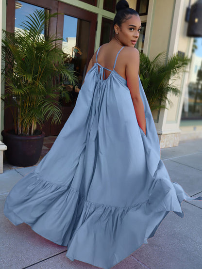 Vestidos largos con vuelo en la playa con volantes y tirantes finos de talla grande
