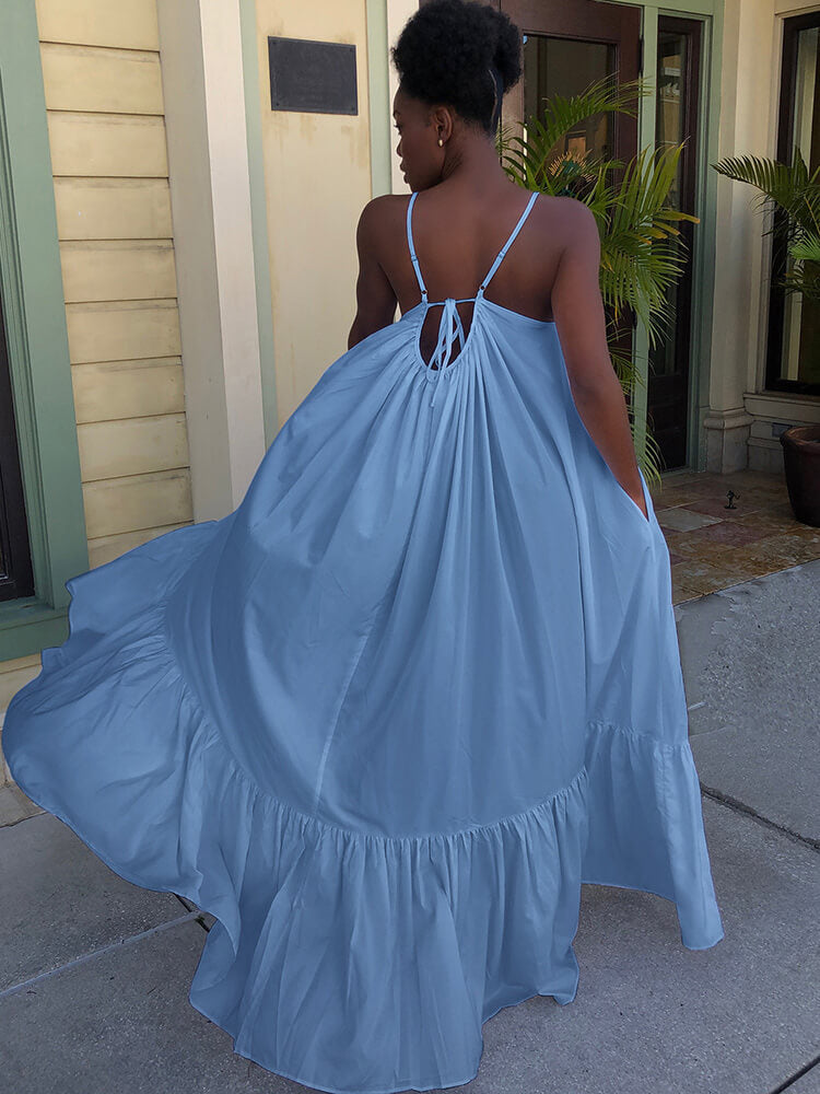 Vestidos largos con vuelo en la playa con volantes y tirantes finos de talla grande