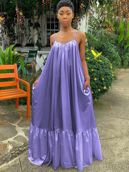 Vestidos largos con vuelo en la playa con volantes y tirantes finos de talla grande