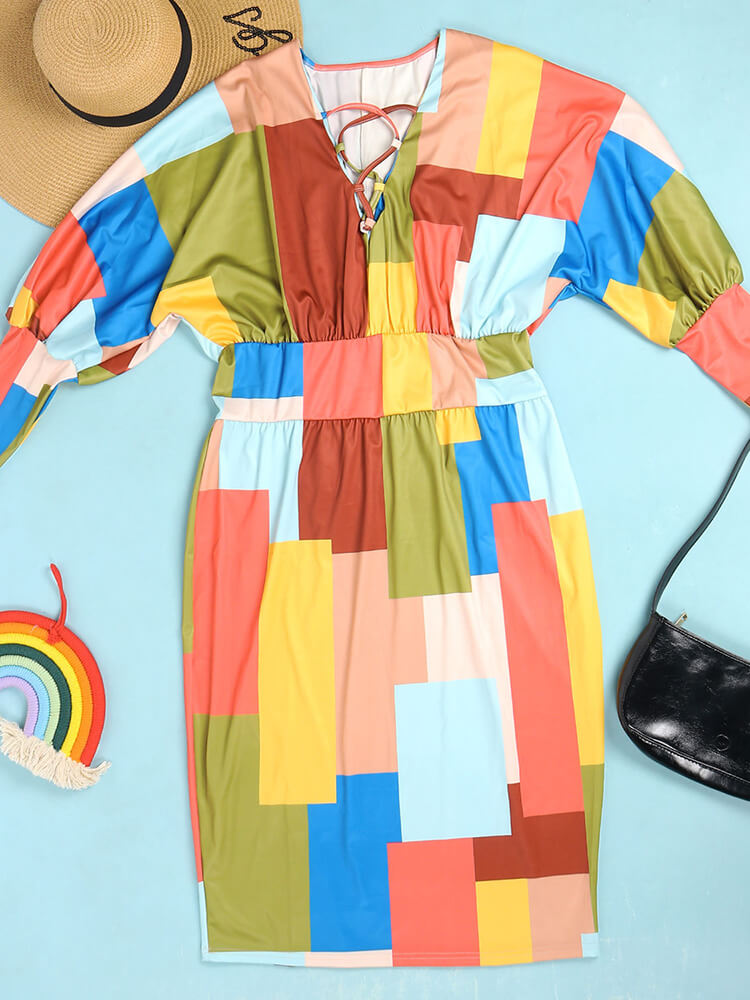 Long Lantern Sleeve Printed Midi Dress