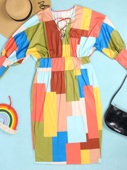 Long Lantern Sleeve Printed Midi Dress