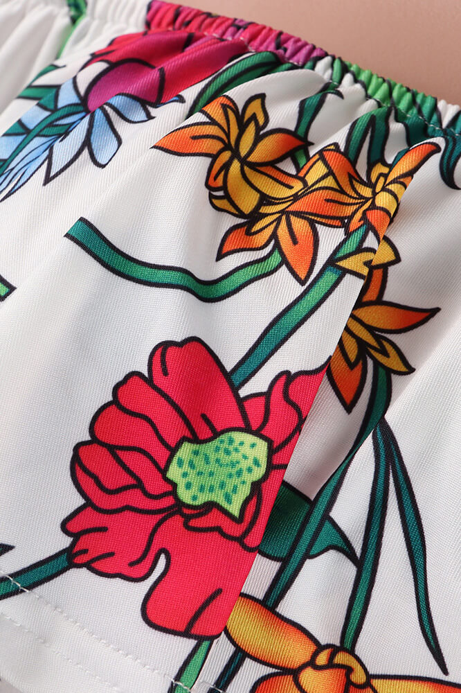 Monos cortos con hombros descubiertos y arco iris floral