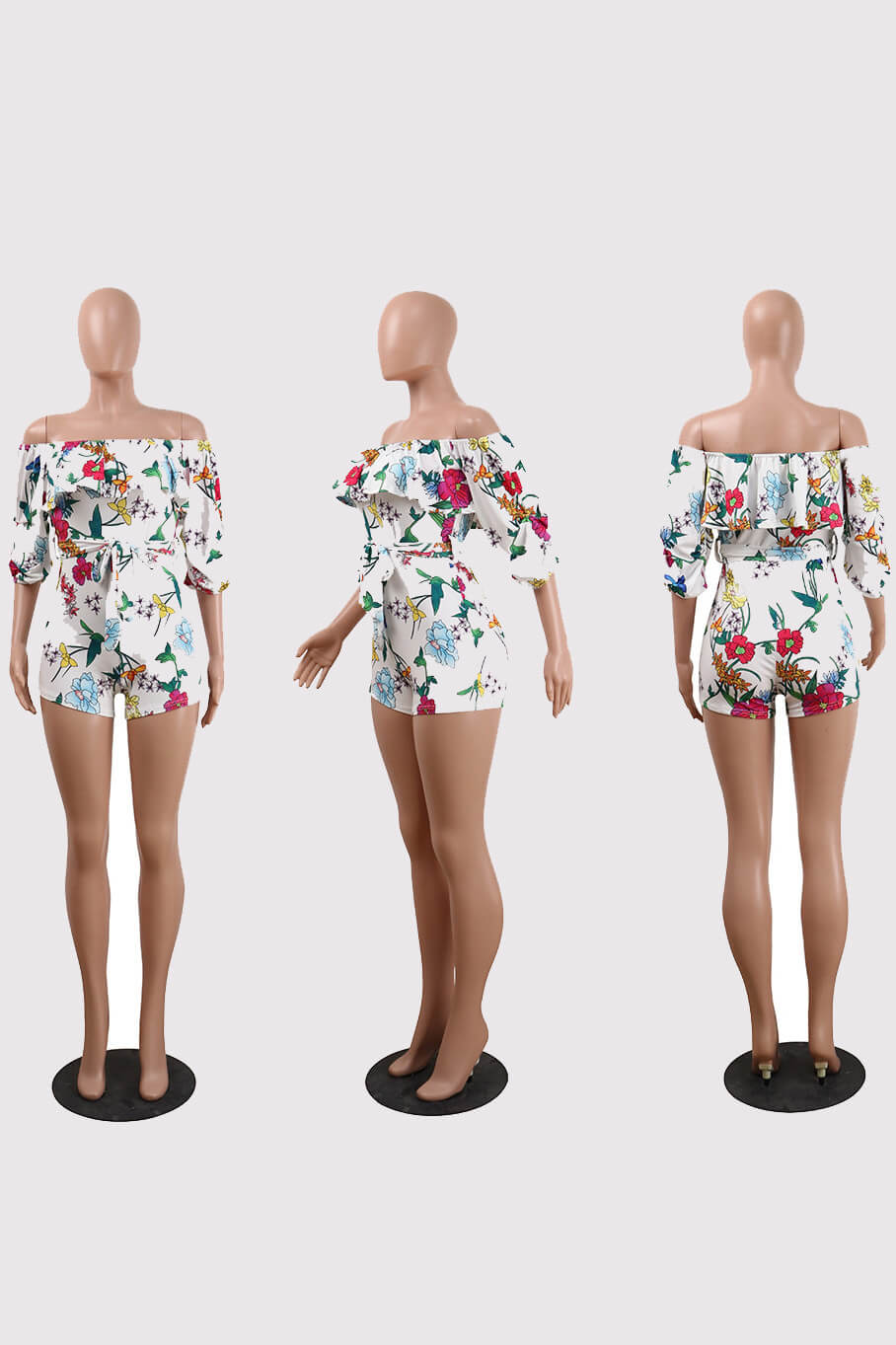 Off Shoulder Floral Rainbow Short Jumpsuit