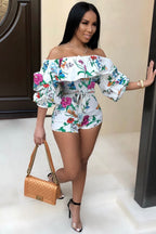 Off Shoulder Floral Rainbow Short Jumpsuit