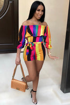 Off Shoulder Floral Rainbow Short Jumpsuit