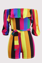 Off Shoulder Floral Rainbow Short Jumpsuit