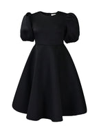 Puff Sleeve Solid Ruched Bodycon Midi Dress