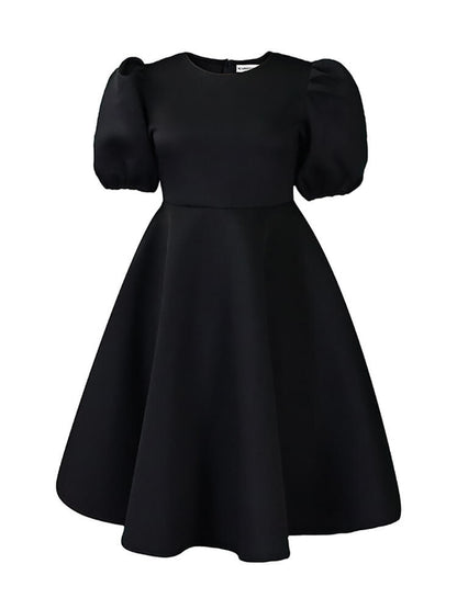 Vestidos midi ajustados fruncidos lisos con manga abullonada