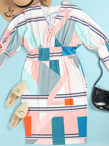 Long Lantern Sleeve Printed Midi Dress