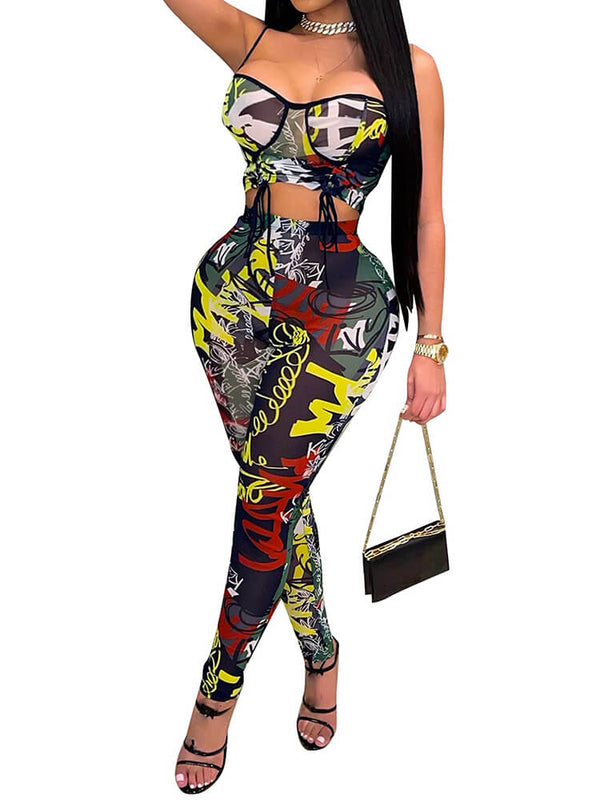 Two Piece Mesh Halter  Printed  Jumpsuit
