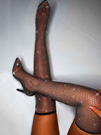 Botas de tacón sobre la rodilla con diamantes de imitación ahuecados de rejilla
