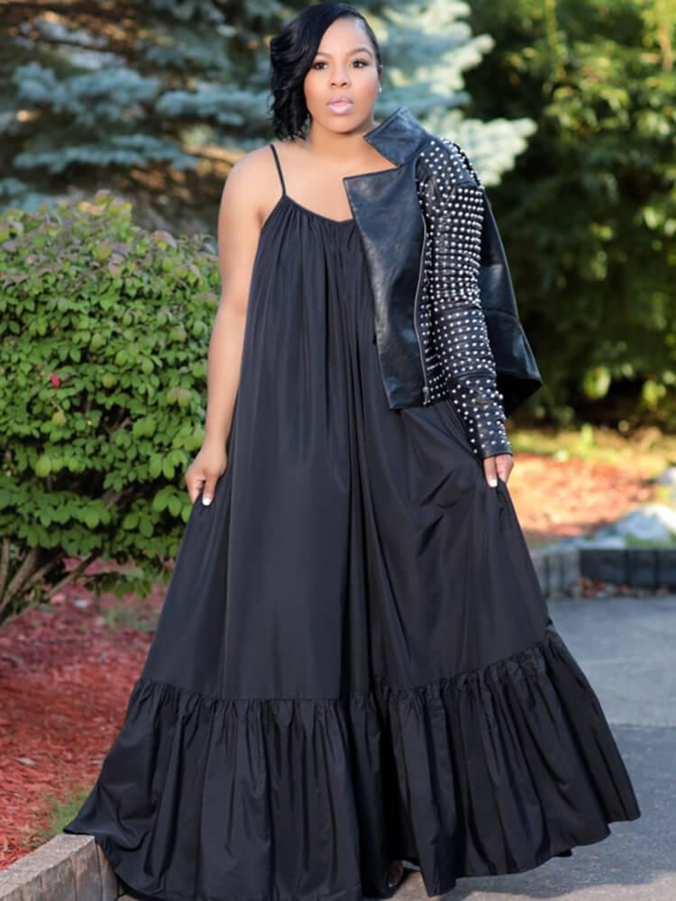 Vestidos largos con vuelo en la playa con volantes y tirantes finos de talla grande