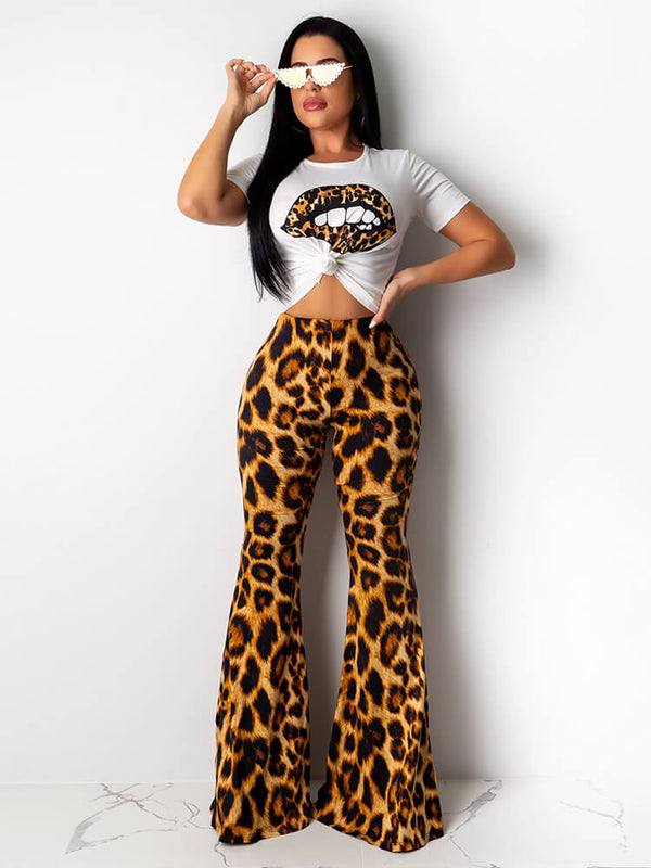 Two Piece Lips Print Tops+Leopard Pant Suits