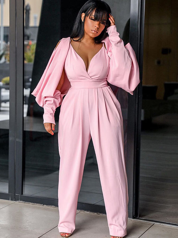 Long Sleeve V Neck Backless Bodycon Jumpsuits