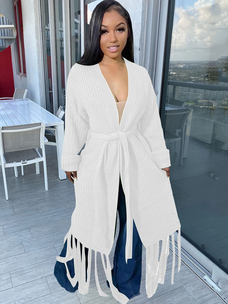 Cárdigan con borlas de color liso y manga larga