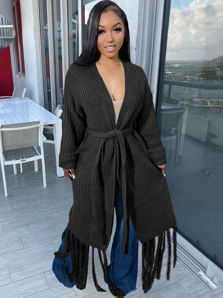 Cárdigan con borlas de color liso y manga larga