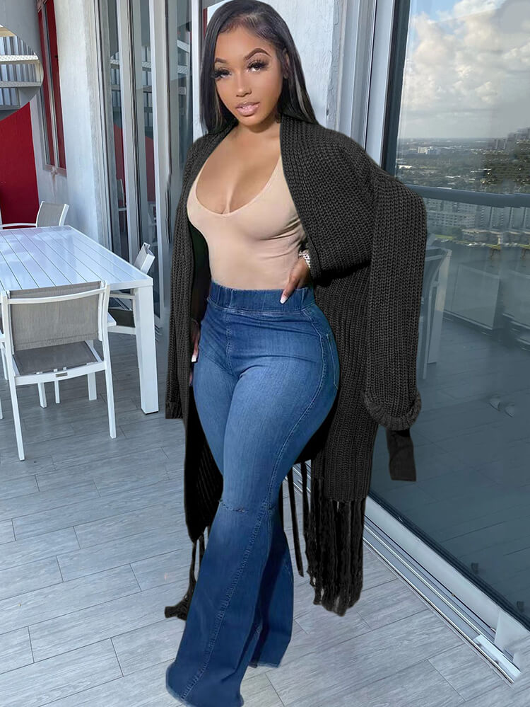 Cárdigan con borlas de color liso y manga larga