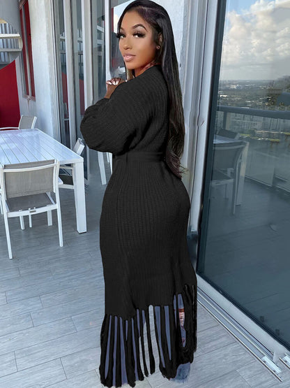 Cárdigan con borlas de color liso y manga larga