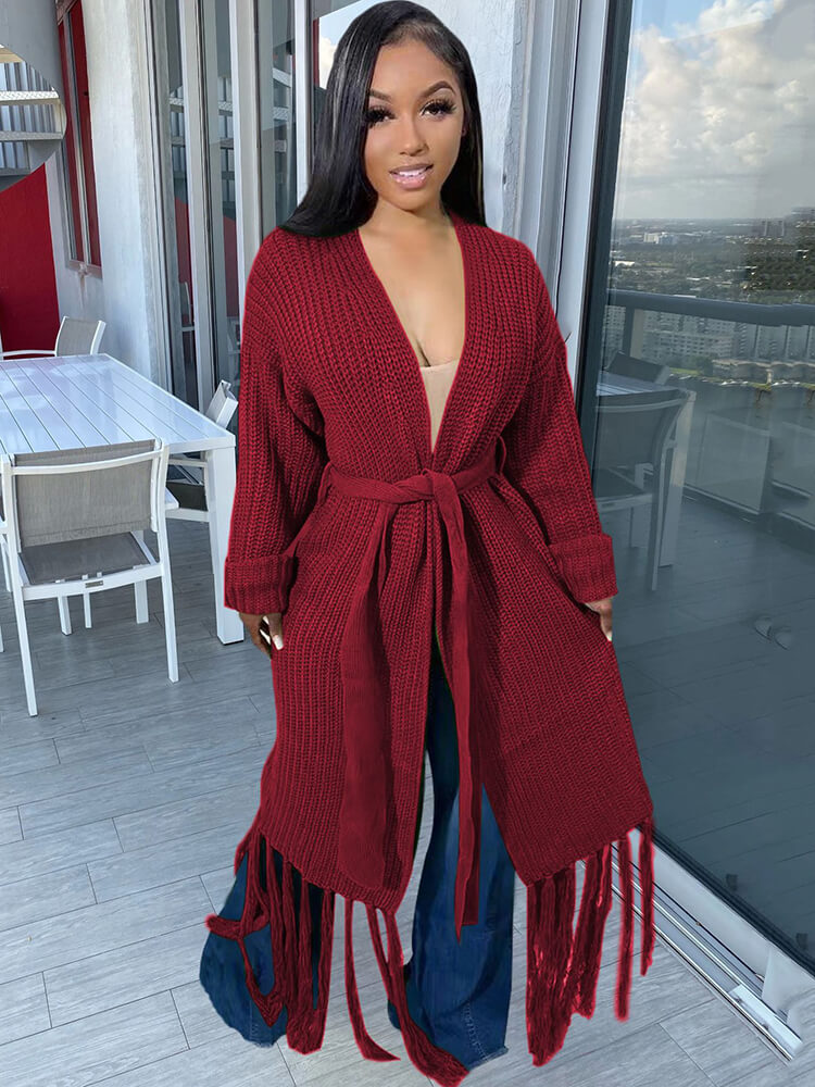 Cárdigan con borlas de color liso y manga larga