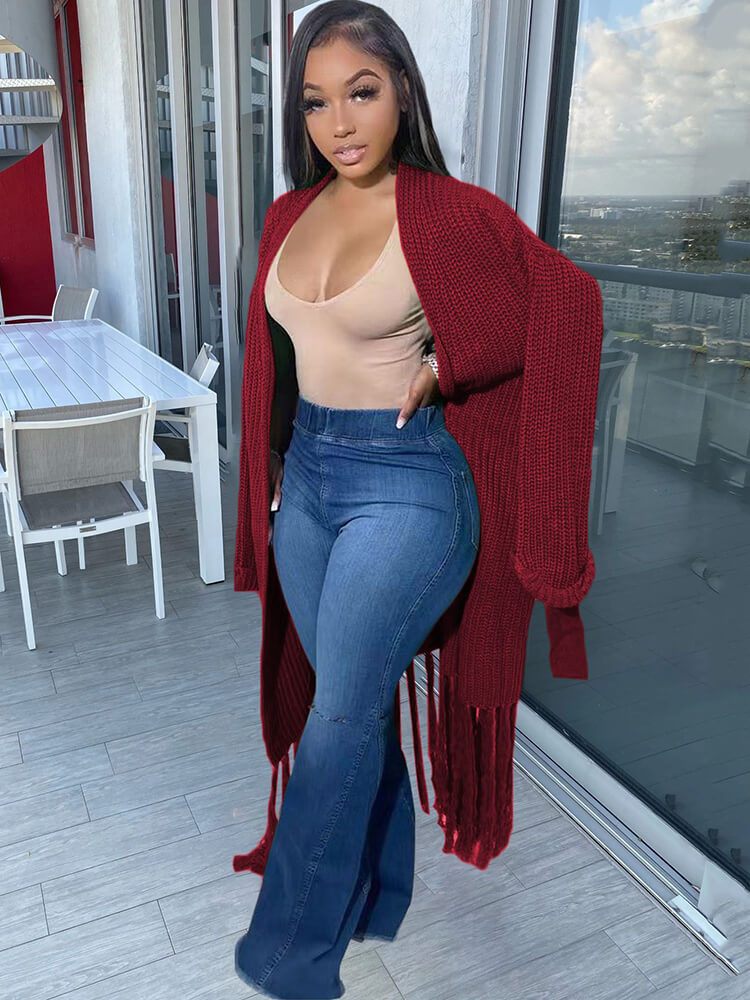 Cárdigan con borlas de color liso y manga larga