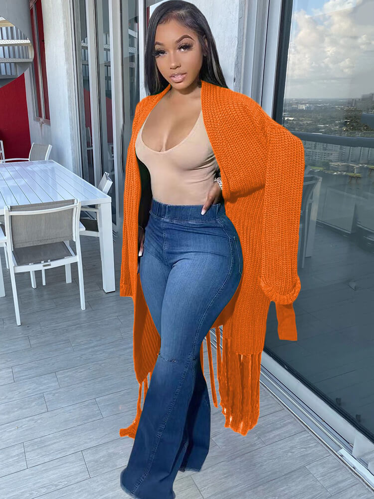 Cárdigan con borlas de color liso y manga larga