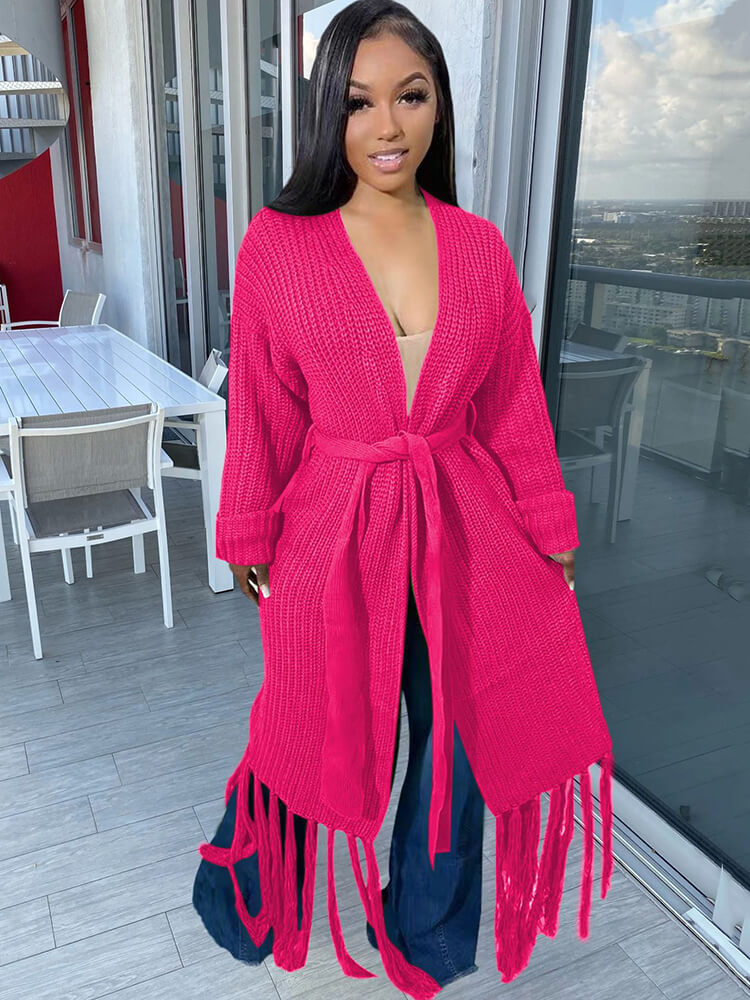 Cárdigan con borlas de color liso y manga larga