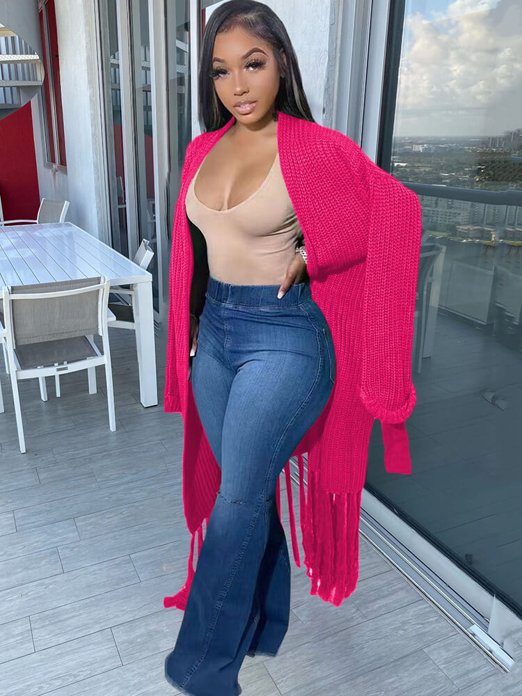 Cárdigan con borlas de color liso y manga larga