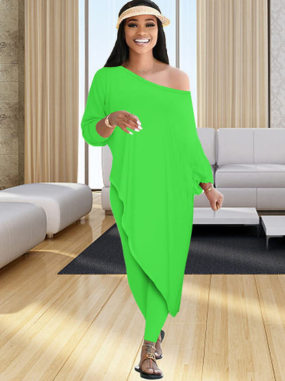 Pantalones largos de dos piezas con un hombro y talla grande