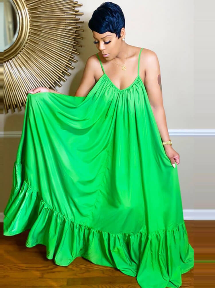 Vestidos largos con vuelo en la playa con volantes y tirantes finos de talla grande