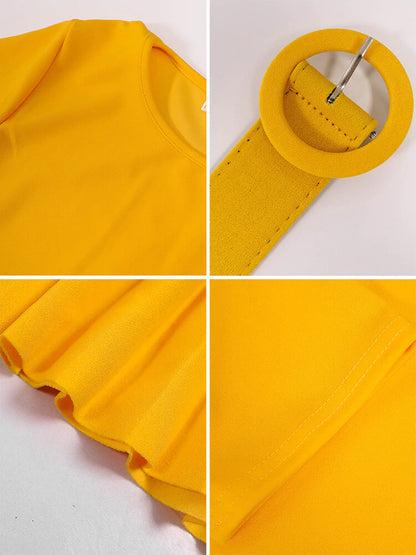 Short Sleeve Solid Color Pleated Midi Dress with Belt