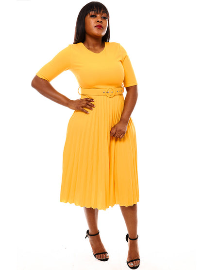 Short Sleeve Solid Color Pleated Midi Dress with Belt