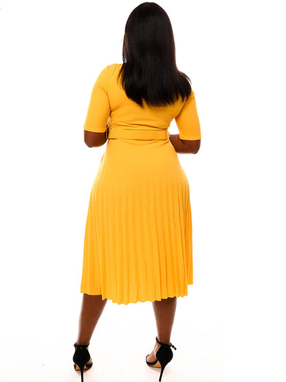 Short Sleeve Solid Color Pleated Midi Dress with Belt