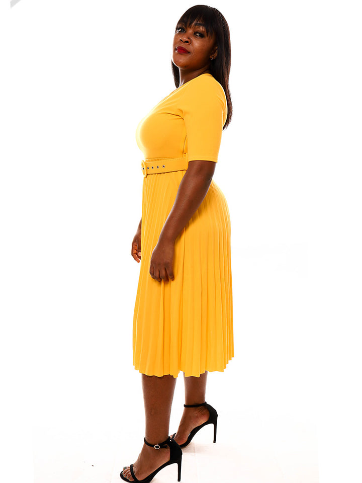 Office Lady Short Sleeve Solid Color Pleated Midi Dresses | Dresses ...